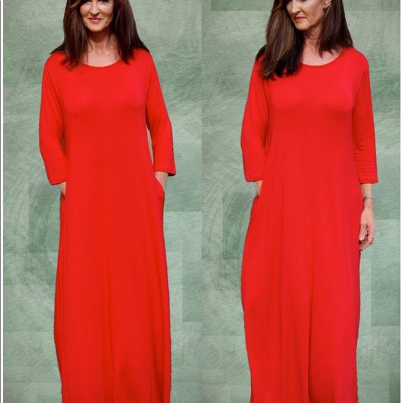 New Solid Red Maxi 3/4 Sleeves Side Pockets sm/xlg - Picture 4 of 5